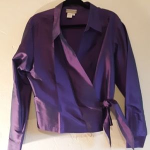 Silk, 2 tone, wrap front, long sleeve blouse NEW Y